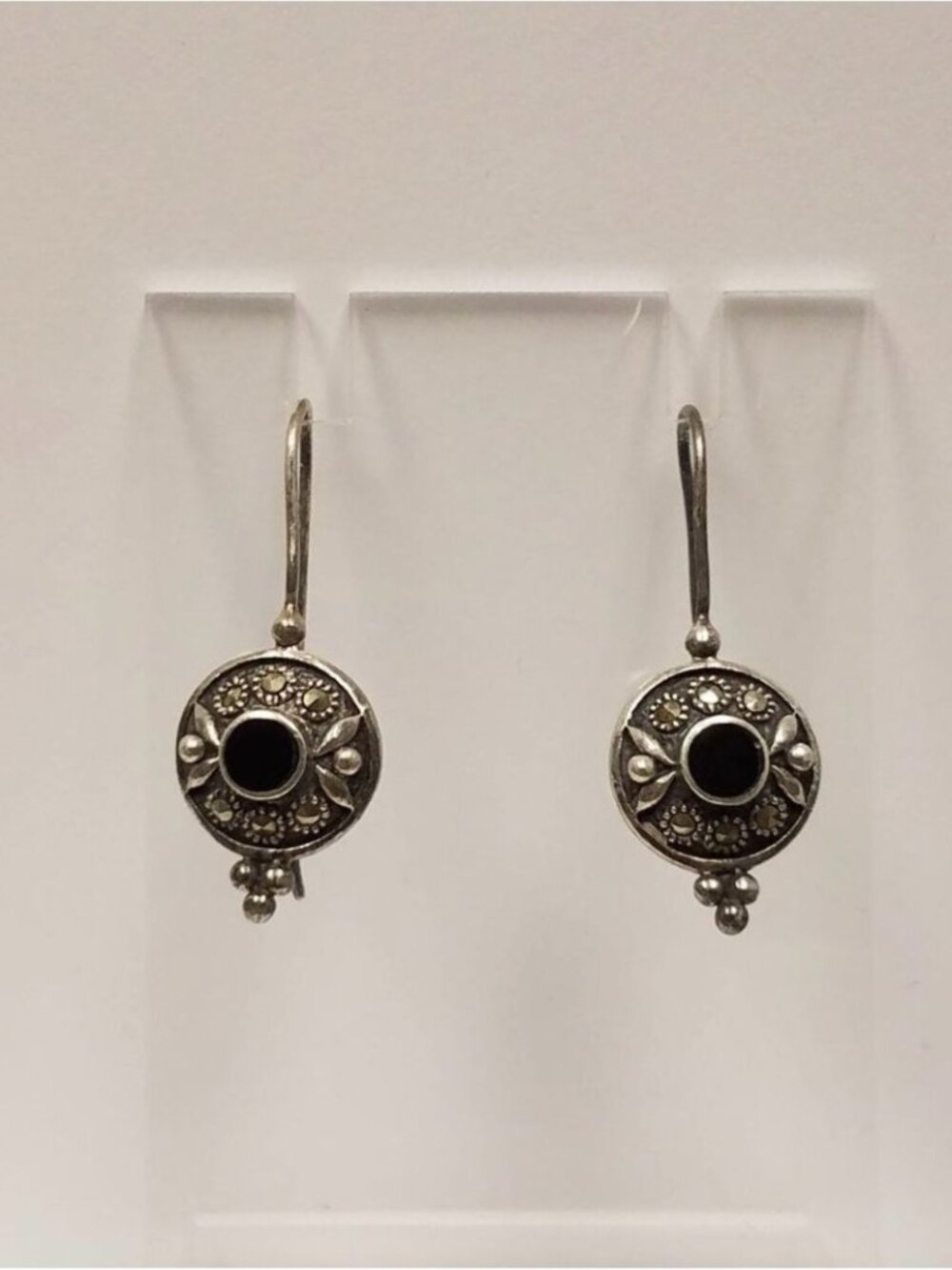 925 Sterling Silver Black Rhinestone & Marcasite Drop Earrings Vintage